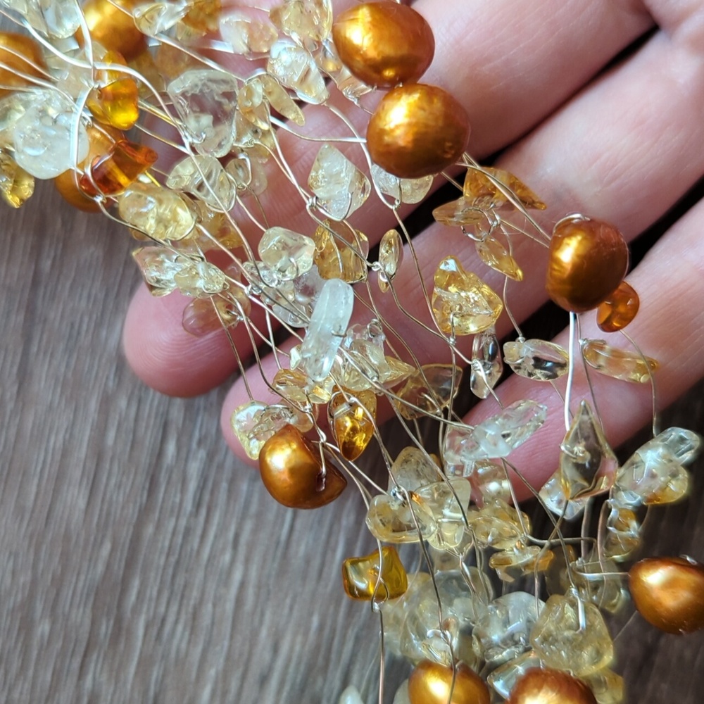 Statement Citrine and Pearl silver thick collar choker necklace adjustable - Picture 4 of 7